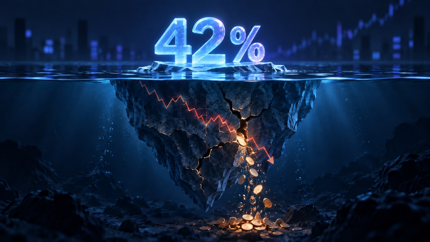 A glowing 42 percent yield above water while a falling chart and leaking coins reveal hidden risk beneath the surface.