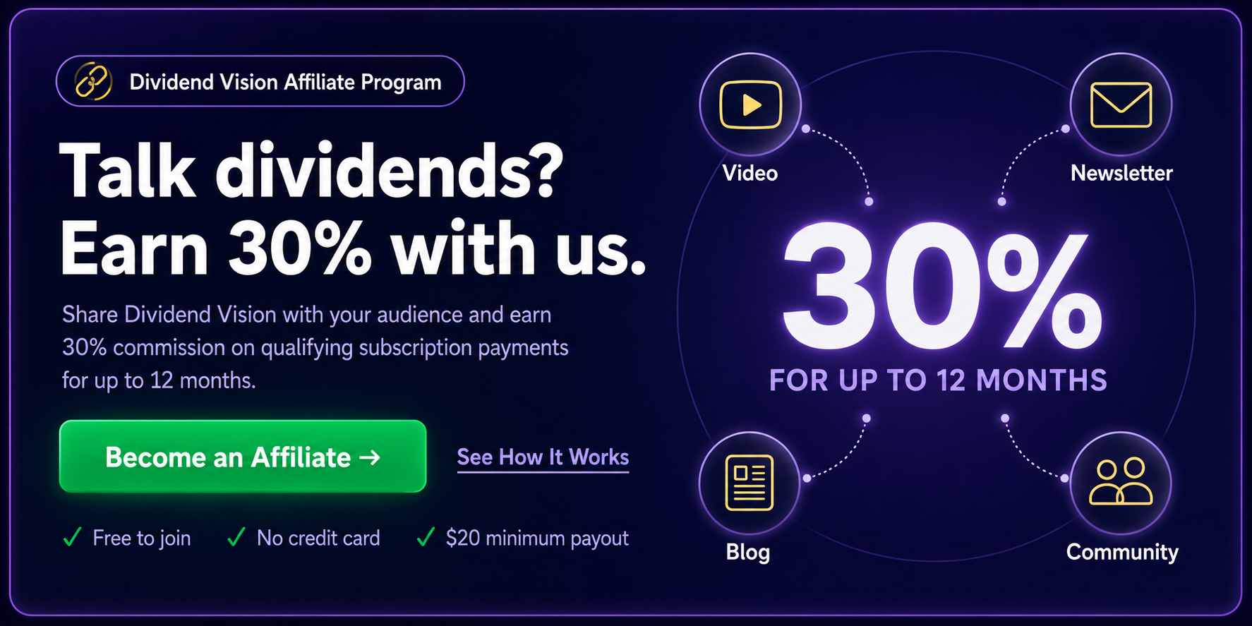 Talk dividends? Earn 30% commission for up to 12 months.
                Become a Dividend Vision Affiliate. Free to join, no credit card,
                $20 minimum payout.