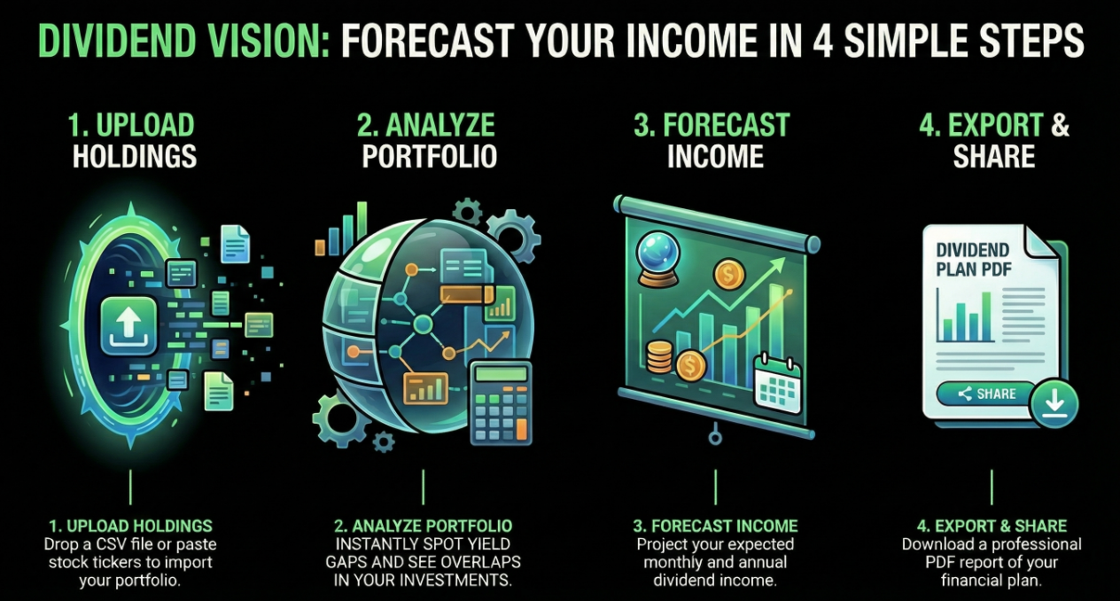 Dividend Vision flow showing upload, analyze, forecast, and export steps
