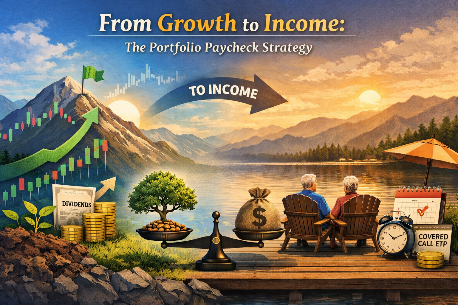 Infographic illustrating the transition from growth investing to income investing