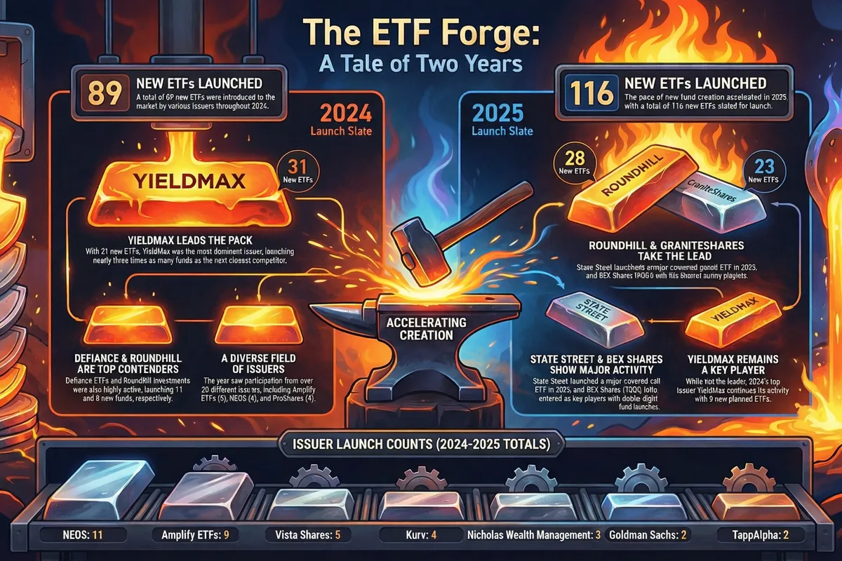 Infographic showing income ETF launches by issuer for 2024 and 2025