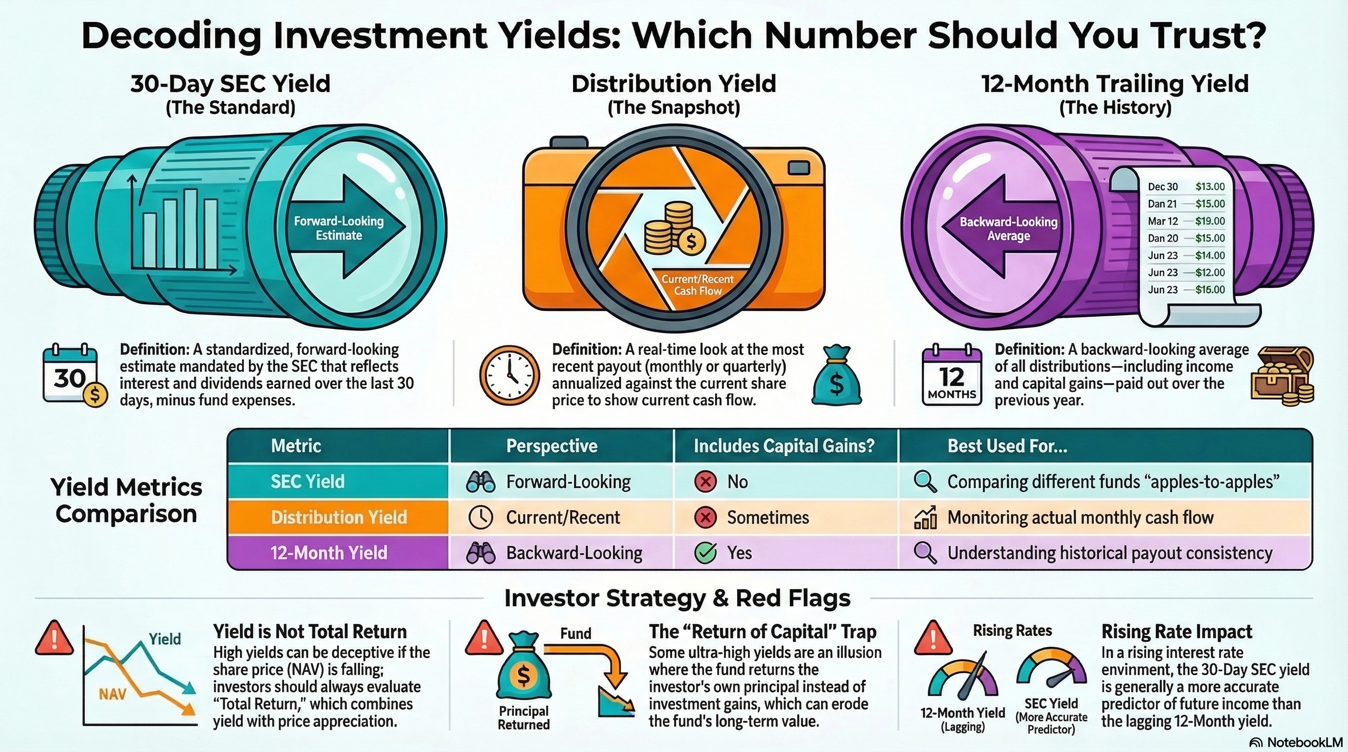 Infographic comparing SEC yield, distribution yield, and trailing yield
